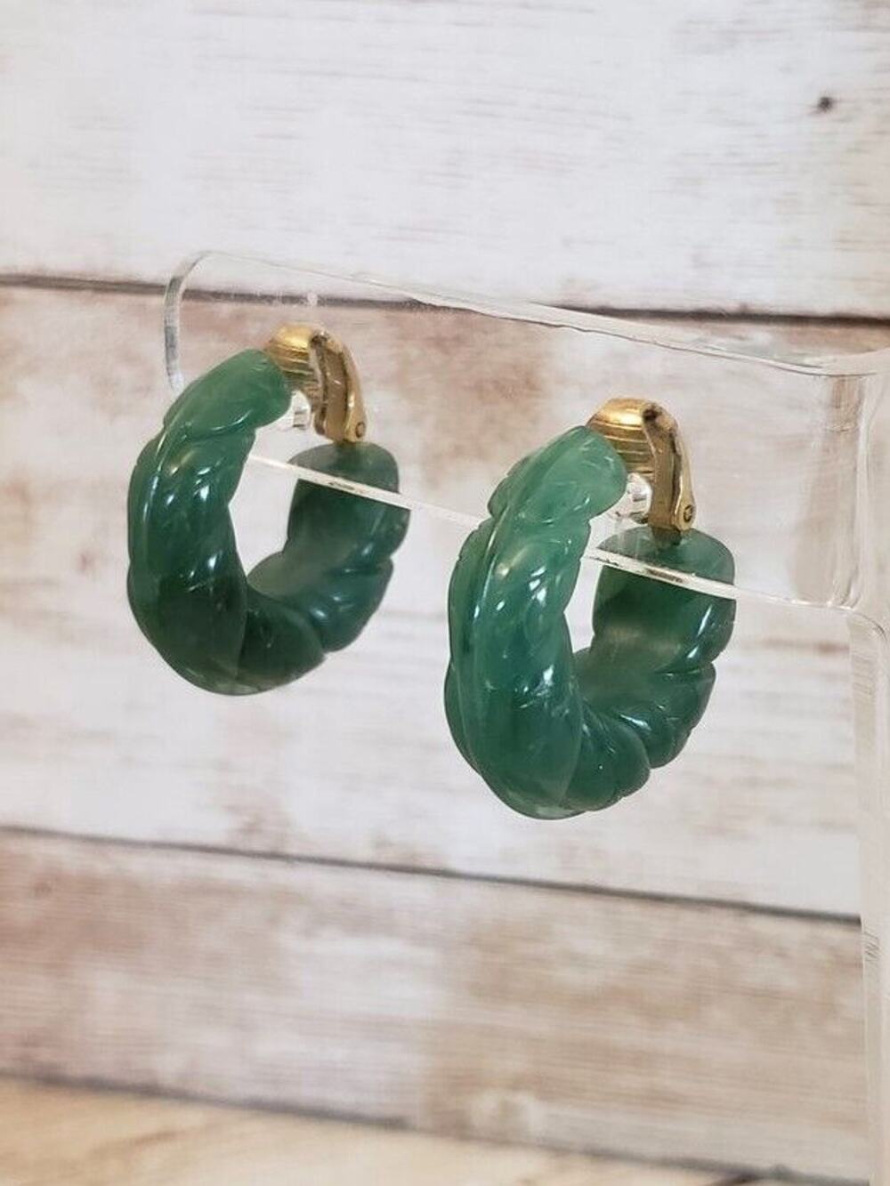 Vintage Avon Clip On Earrings Carved Green Hoops